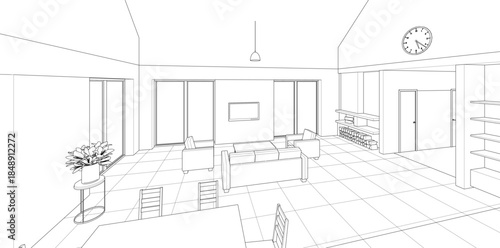 interior kitchen living room 3d illustration	
