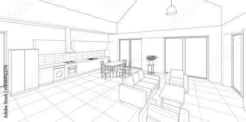 interior kitchen living room 3d illustration	
