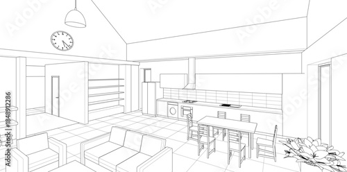 interior kitchen living room 3d illustration	
