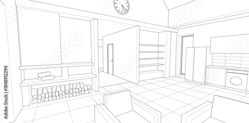 interior kitchen living room 3d illustration	
