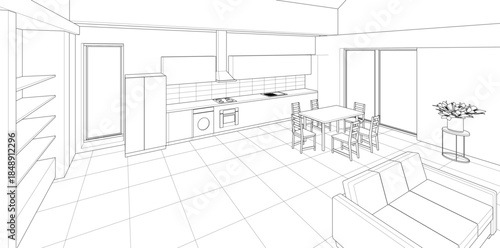 interior kitchen living room 3d illustration	

