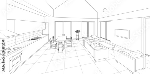 interior kitchen living room 3d illustration	
