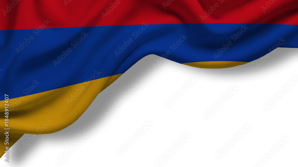 Fototapeta premium The Armenian flag is waving in the air, showing the red, blue, and orange colors. The setting is a cultural event in Armenia during the afternoon.