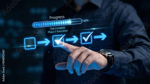 Businessman pressing virtual screen monitors task progress on a holographic interface with a progress bar and checklists