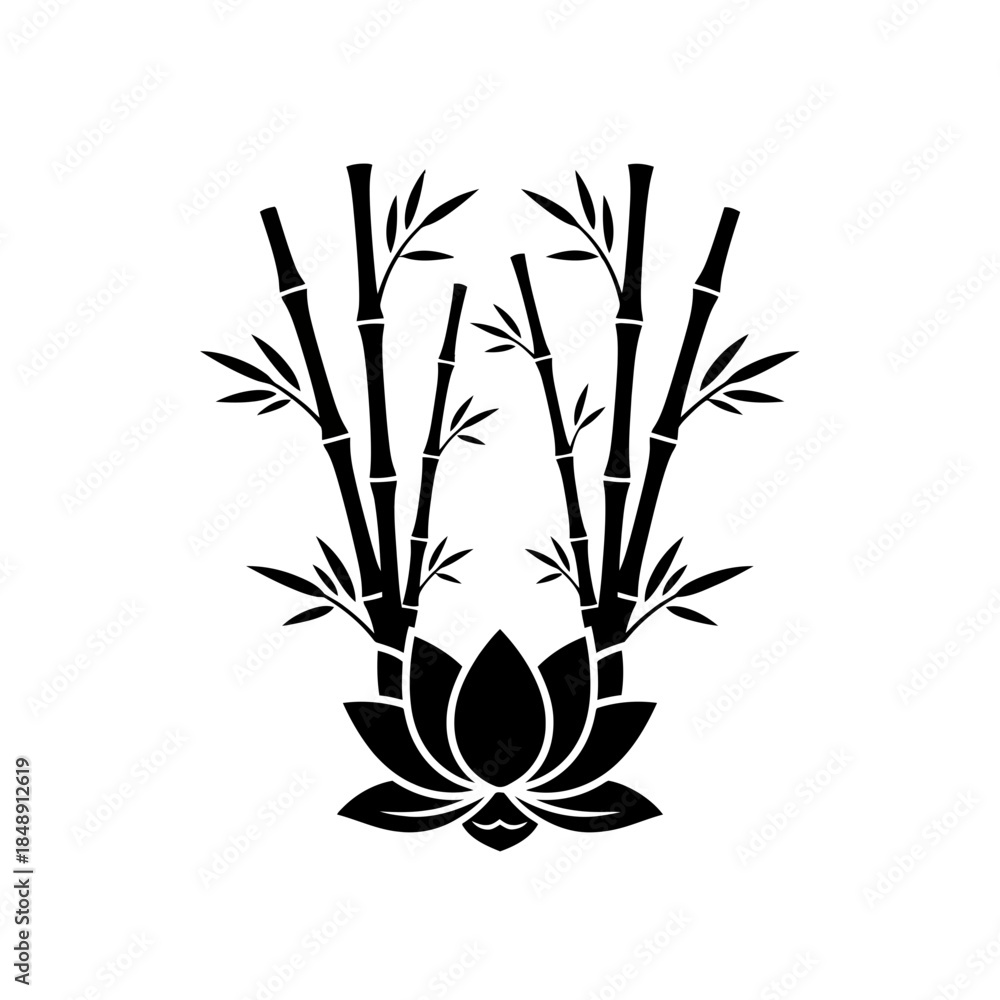 Obraz premium Lotus with vertical bamboo stalks silhouette vector illustration