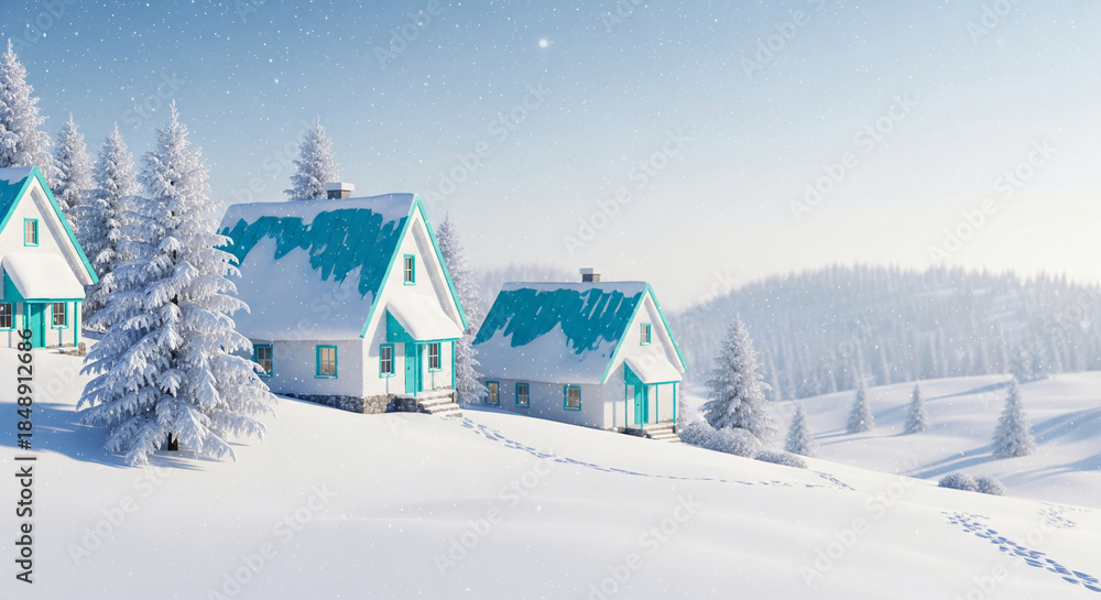 Naklejka premium Snowy village scene featuring houses with teal trim, trees, and falling snow, representing winter, holiday, and idyllic scenery, perfect for seasonal concepts