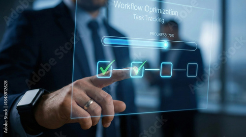 Businessman monitors workflow and task progress on a holographic interface with a progress bar and checklists in a modern office