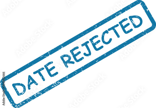 Vibrant blue distressed rubber stamp showing the important words DATE REJECTED in a rectangular frame