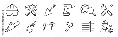 Construction repair icon set. handyman icons, Mechanic tools and symbols including wrench, gear, and male mechanic outline icon, vector illustration . 