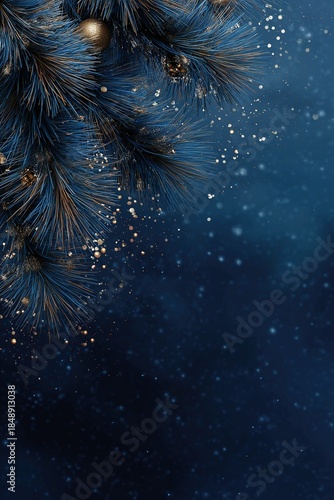 A dark blue background with pine branches and gold glitter falling from the top, creating an elegant Christmas atmosphere