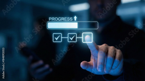 Businessman touching a digital interface showing a progress bar and checked task boxes