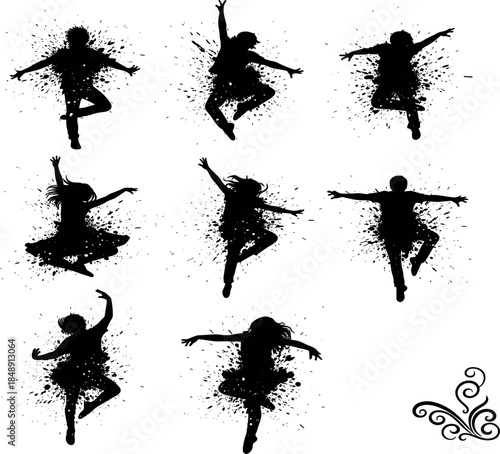Black silhouettes of people dancing and jumping with expressive ink splatter and paint spray effects isolated on white background for creative artistic design.