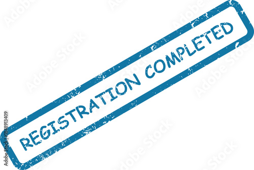 A vivid blue rectangular stamp impression reads REGISTRATION COMPLETED with a grunge texture on a white backdrop