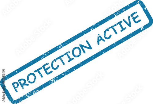 A vivid blue textured stamp prominently displaying the clear message PROTECTION ACTIVE on a clean white surface