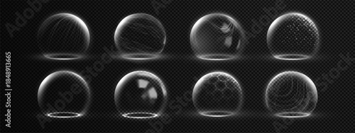 Protective shield dome set with 3D glass sphere effect and transparent barrier. Blue futuristic hexagon energy field for cyber security technology. Realistic wireframe design with holographic mesh.