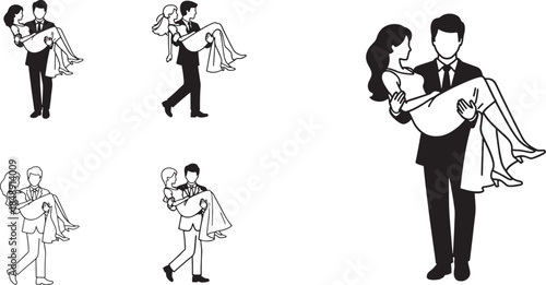 Groom Carrying Bride in Arms After Wedding Ceremony in Different Graphic Styles for Marriage Invitation Romantic Greeting Cards and Bridal Event Design