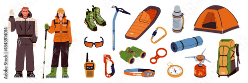 Mountaineering and touristic equipment set. Climbers. Backpack, tent, boots, thermos, ice axe, camping stove, compass, sleeping bag, mat, binocular, jumar, glasses. Isolated on white background