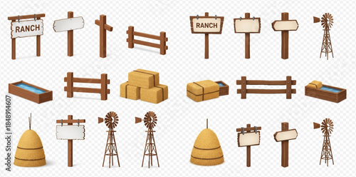 Set of cartoon farm elements including wooden signs, fences, hay bales, and windmills.