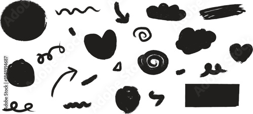 A collection of various black abstract shapes on a white background