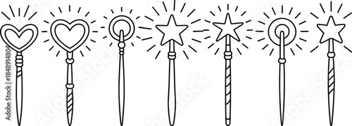 Magic wand silhouette vector, fantasy spell icons, glowing heart, star, circle tops, black enchanted design, magical tool illustration, whimsical concept
