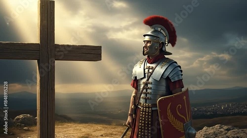 Roman soldier guards the wooden cross, symbolizing dramatic biblical narrative.
