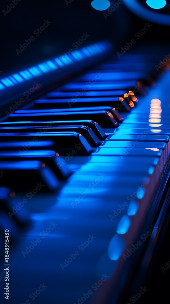 Obraz premium Close-up of electric piano keyboard with blue lighting effects