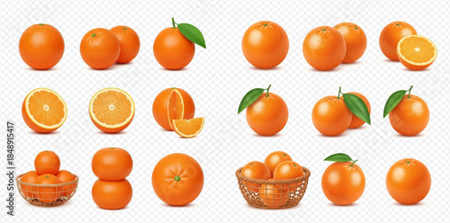 Collection of fresh whole and sliced oranges with leaves, isolated on transparent background, for healthy food concepts.