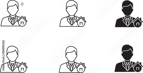 Professional Real Estate Agent or Broker Avatar Icon Set with House Symbol for Professional Property Management and Home Sales Consultant Profile
