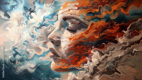 A serene artistic rendition of a human face amidst swirling colors, evoking a sense of introspection and emotion. The artwork displays the side profile of a face, eyes closed.