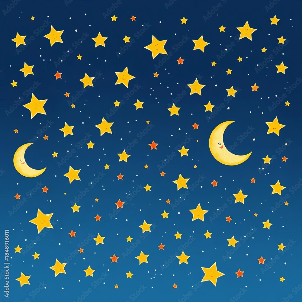 Fototapeta premium Hand-drawn whimsical stars and moons scattered across a night sky, doodle, fantasy