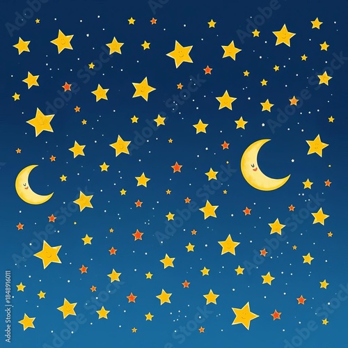 Hand-drawn whimsical stars and moons scattered across a night sky,  doodle,  fantasy