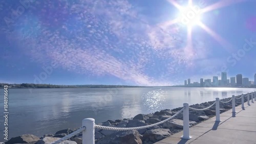 Sunny Waterfront City Skyline with Calm River, Sparkling Reflections, and Blue Sky Clouds seemless looping quality video 4K 