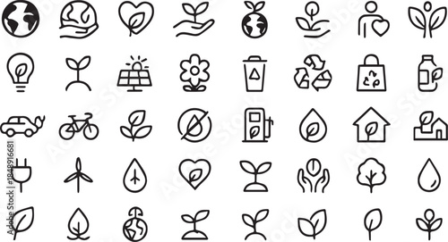 Ecology and Green Energy Vector Icon Set Sustainability Environmental Care and Renewable Resources Line Icons