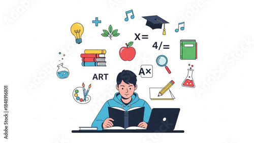 Scholarly Pursuits: A student is engrossed in their studies. They are surrounded by an array of educational symbols. Representing knowledge, curiosity and academic exploration.