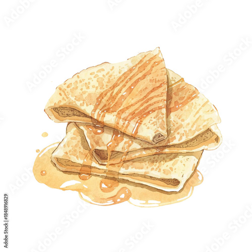 Watercolor illustration of a stack of crepes, folded in a triangle shape, drizzled with honey, showcasing a sweet and tempting dessert, watercolor illustration on white.