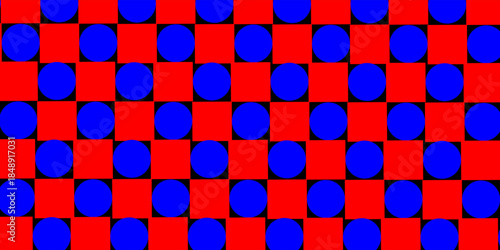red blue and white background, small cube block, chessboard with red dot  blue square seamless repeat pattern, replete image design for fabric printing or wallpaper, blue abstract wall