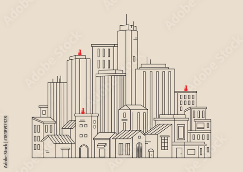 Minimalist One Line Art - Abstract Line Drawing of a Cat in a Big City Landscape. Contemporary Wall Art: Simple Vector Line Drawing of a Cat Profile with Urban Buildings. Line art, City skyline, Minim