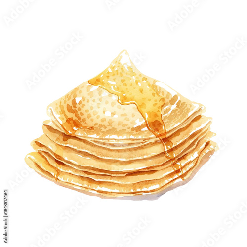 Watercolor illustration of a stack of crepes, folded in a triangle shape, drizzled with honey, showcasing a sweet and tempting dessert, watercolor illustration on white.