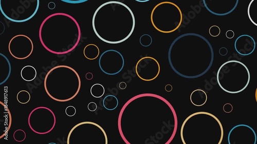 Abstract colorful glowing circle rings on dark background, modern geometric motion backdrop for technology, digital design, presentation, intro, loop animation