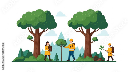 Environmental Stewardship in Action: A dedicated group works tirelessly in the heart of nature, planting saplings, nurturing growth, and championing the cause of sustainability in the great outdoors.