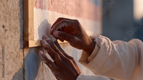 Graffiti Artist Applying Finishing Touches on Urban Wall Art in Gentle Sunset