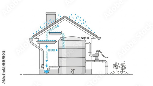Water Harvesting System in Home: An illustrative portrayal of a sustainable home water harvesting system. Capturing the cycle of nature