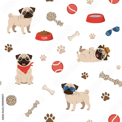 Cute Pug Dogs and Pet Accessories Seamless Pattern
