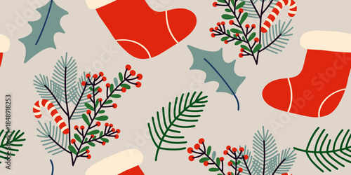 Festive Christmas Holiday Seamless Pattern with Stockings and Holly