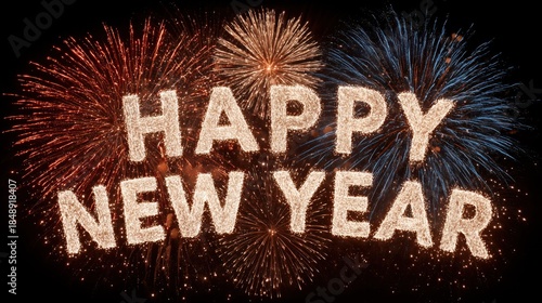 Celebratory Fireworks Display with 'Happy New Year' Text for Festive Decor and Greeting Card Design