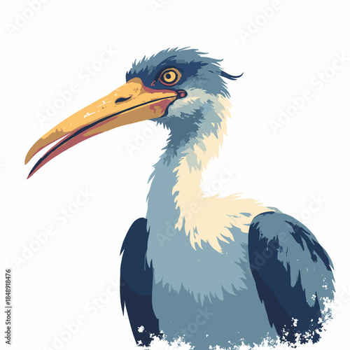 A Shoebill Stork looking intense. Blue-grey flat colors. The beak is a distinct yellow shape. Comic book style ink outlines. White background