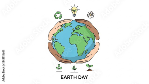 Earth Day Symbol: Hands delicately cradle the Earth, symbolizing global unity and care, surrounded by elements of sustainability and growth.