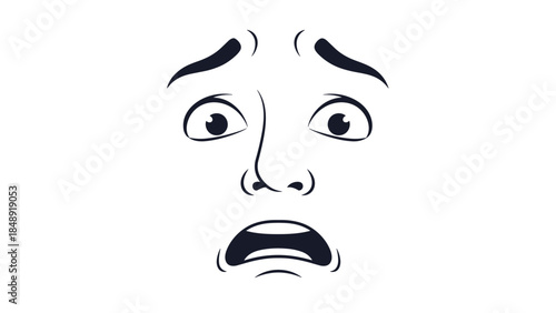 A black and white cartoon line drawing of a terrified face with wide, scared eyes and an open, screaming mouth, showing fear and shock.