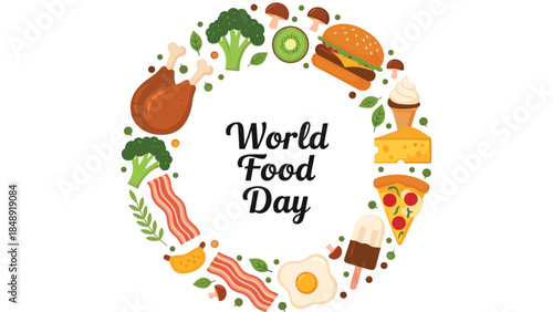 World Food Day celebration banner featuring a circular frame of assorted food icons including pizza, burger, chicken, and vegetables on a white background.