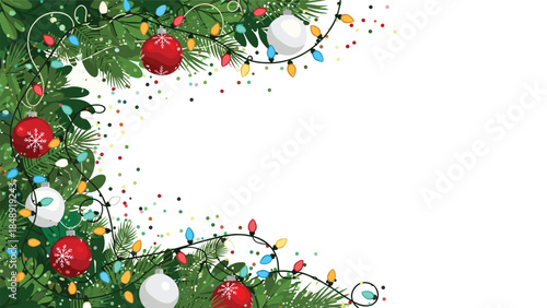 A festive Christmas corner border with green fir branches, colorful string lights, red and white ornaments, and confetti on a white background.